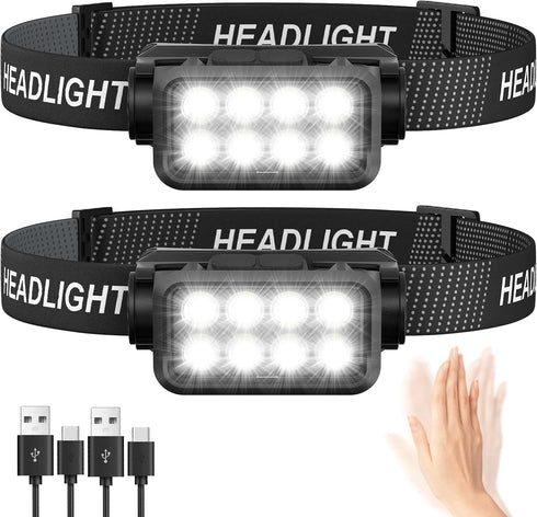 Head Torch Rechargeable 2-Pack, 8 LED 2500L Super Bright Headtorch with Motion Sensor